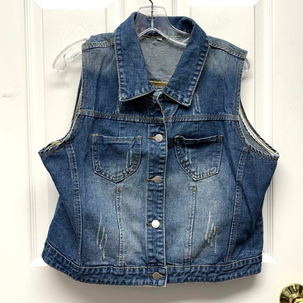Denim Vest 100% Cotton Womens Size L Metal Buttons Patch Pockets Distressed